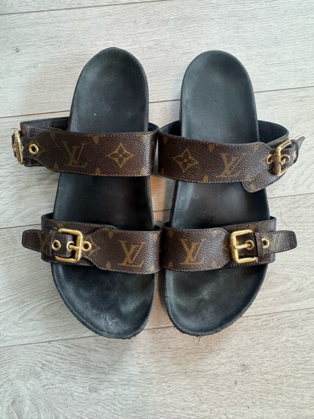 Louis Vuitton Bom dia Brown Monogram Double Buckle Slide Sandals